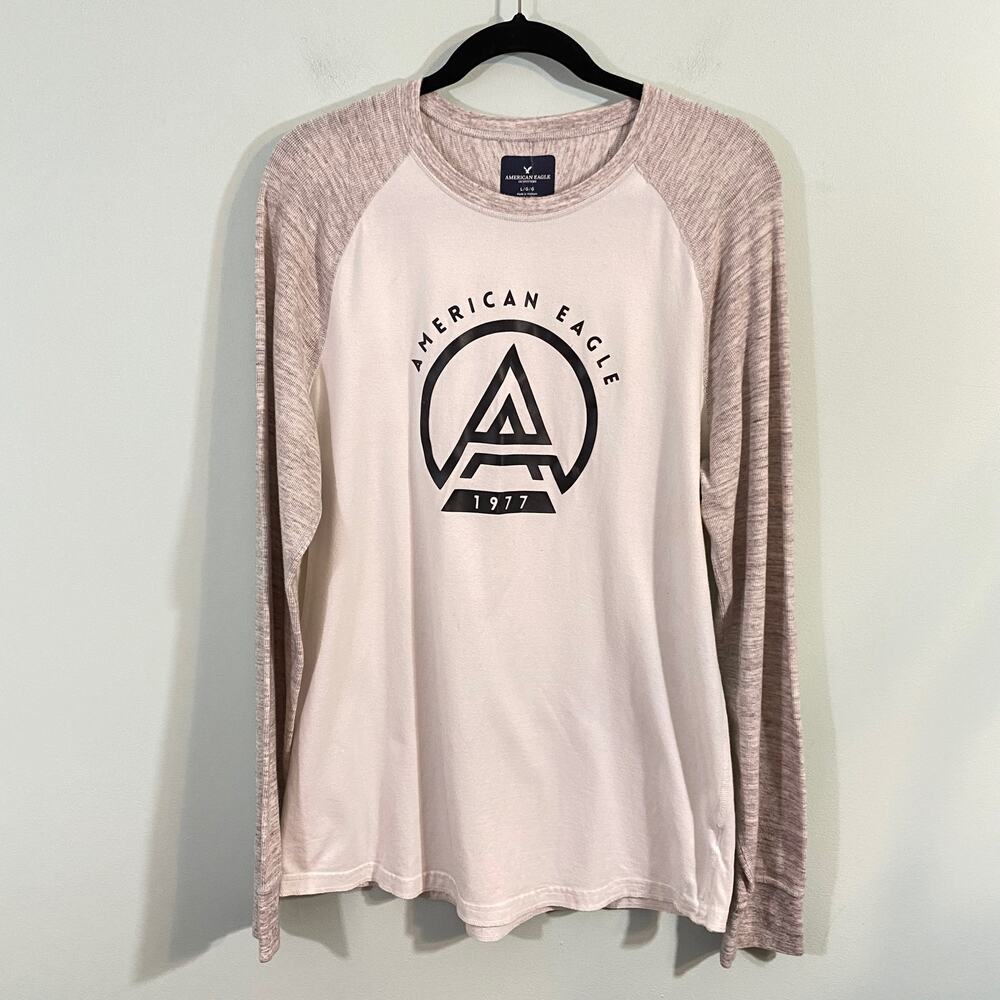 American Eagle Men's Oatmeal Raglan Graphics Long Sleeve Tee Size L